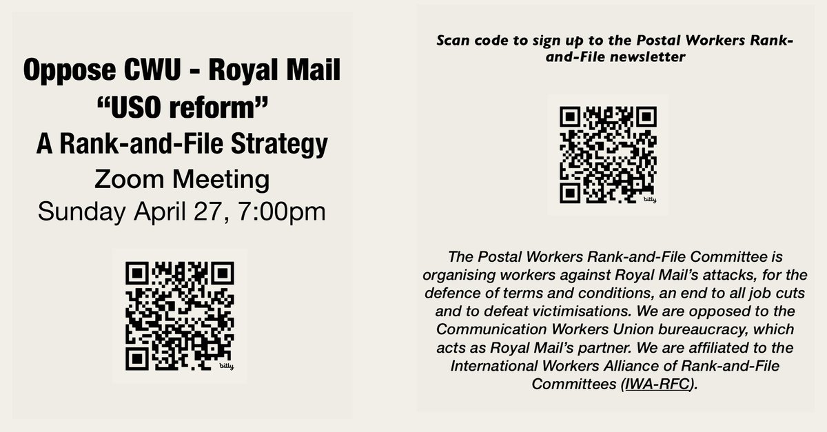 JudeJack's tweet photo. The #PWRFC is holding a Zoom meeting TONIGHT @ 7 p.m. to discuss the situation facing #PostalWorkers & a strategy to fight back. Register now via QR code below, & sign up to the PWRFC newsletter!
#Posties #USOreform #RoyalMail #Kretinsky https://t.co/CyC9omCONs
