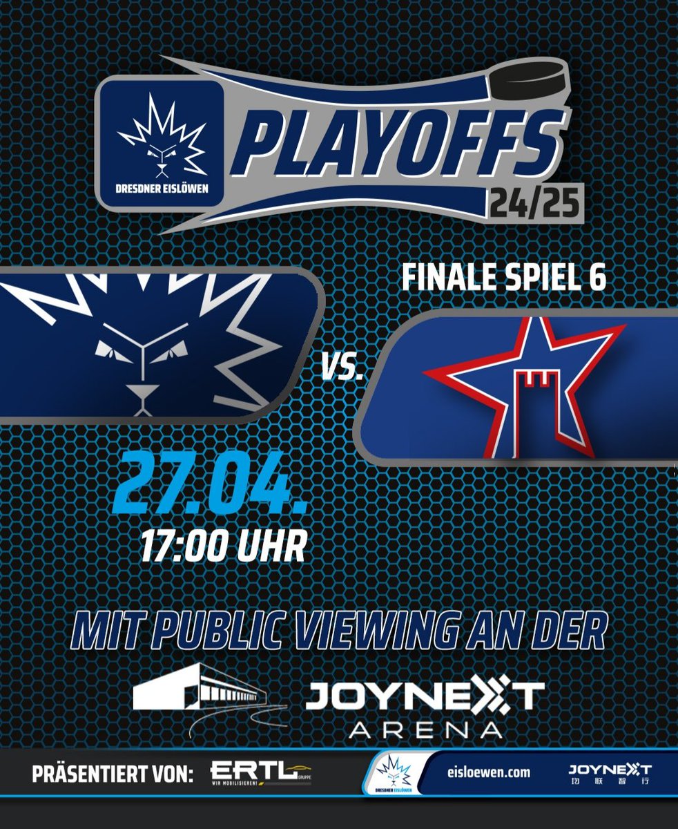 Es ist definitiv das letzte Heimspiel der Saison, aber wird es auch die letzte Partie der Spielzeit 24/25? Ab 17:00 Uhr geht's los, Finale Spiel 6, unser Ziel ist klar!
Auf geht's Eislöwen! 💙🤍

#EislöwenRudel #DresdnerEislöwen #DREvsRVT