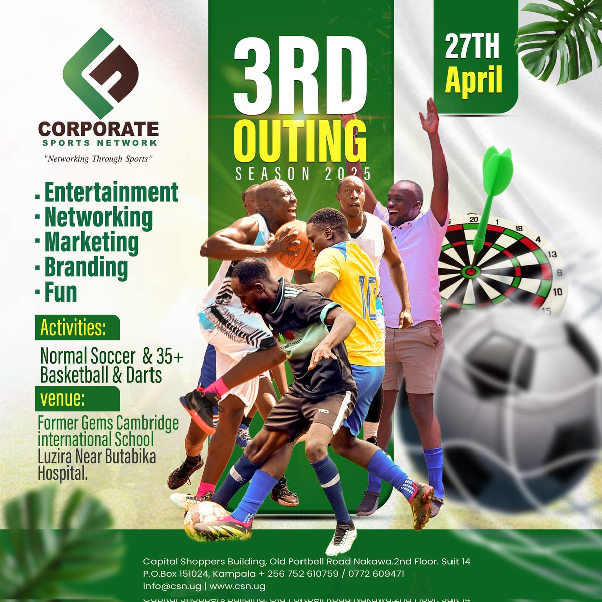 josephKwizera3's tweet photo. Action-packed day Sunday!
π Hoops magic (Basketball)
π― Bullseye battles (Darts)
β½οΈ Pitch perfection (Football)
Let's have fun & make memories! @newvisionwire @corporates256 #CSNoutings #GameFace #FunInTheMaking https://t.co/Fr0acVdYsb