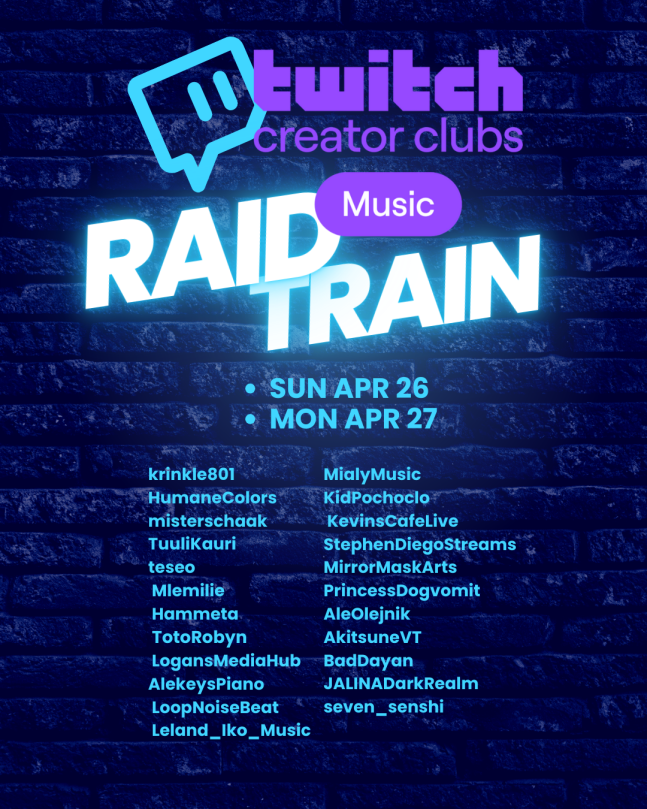 Tonight at 9pm we’ll be taking part in the April Twitch Music Creator Club raid train. Swing on by for an hour of sings and songs, before the train leaves the station to visit another amazing music creator.