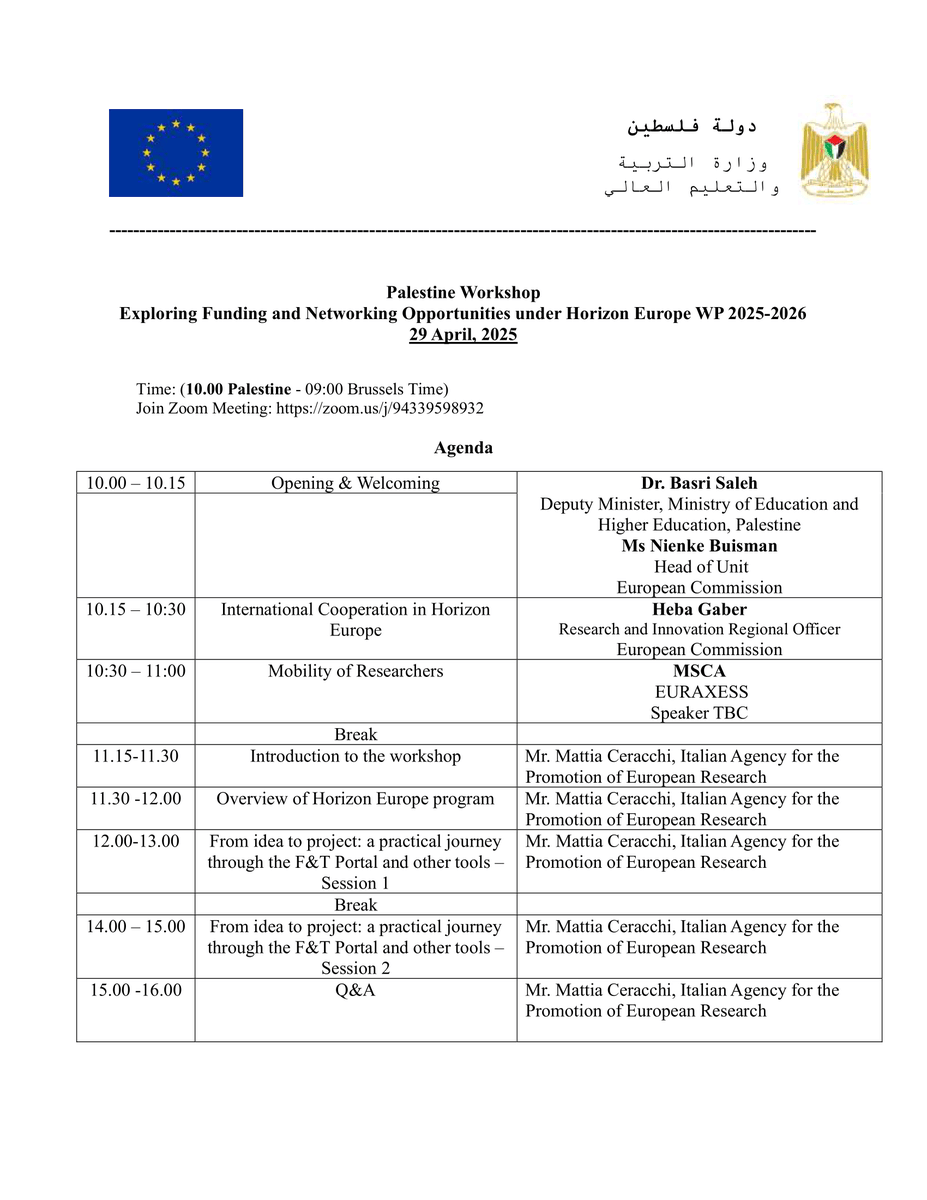 PalAST (@palestineast) on Twitter photo تدعوكم <a href="/MoheOf/">MOHE of Palestine</a> وبالتنسيق مع #EU للمشاركة في ورشة تعريفية لبرنامج #Horizon_Europe
Exploring Funding & Networking Opportunities under Horizon Europe WP 2025-2026
📅الثلاثاء 29 نيسان ⏱ 10 صباحا
🟢رابط زووم zoom.us/j/94339598932
للمزيد
facebook.com/PalestineAcade… تدعوكم <a href="/MoheOf/">MOHE of Palestine</a> وبالتنسيق مع #EU للمشاركة في ورشة تعريفية لبرنامج #Horizon_Europe
Exploring Funding & Networking Opportunities under Horizon Europe WP 2025-2026
📅الثلاثاء 29 نيسان ⏱ 10 صباحا
🟢رابط زووم zoom.us/j/94339598932
للمزيد
facebook.com/PalestineAcade…