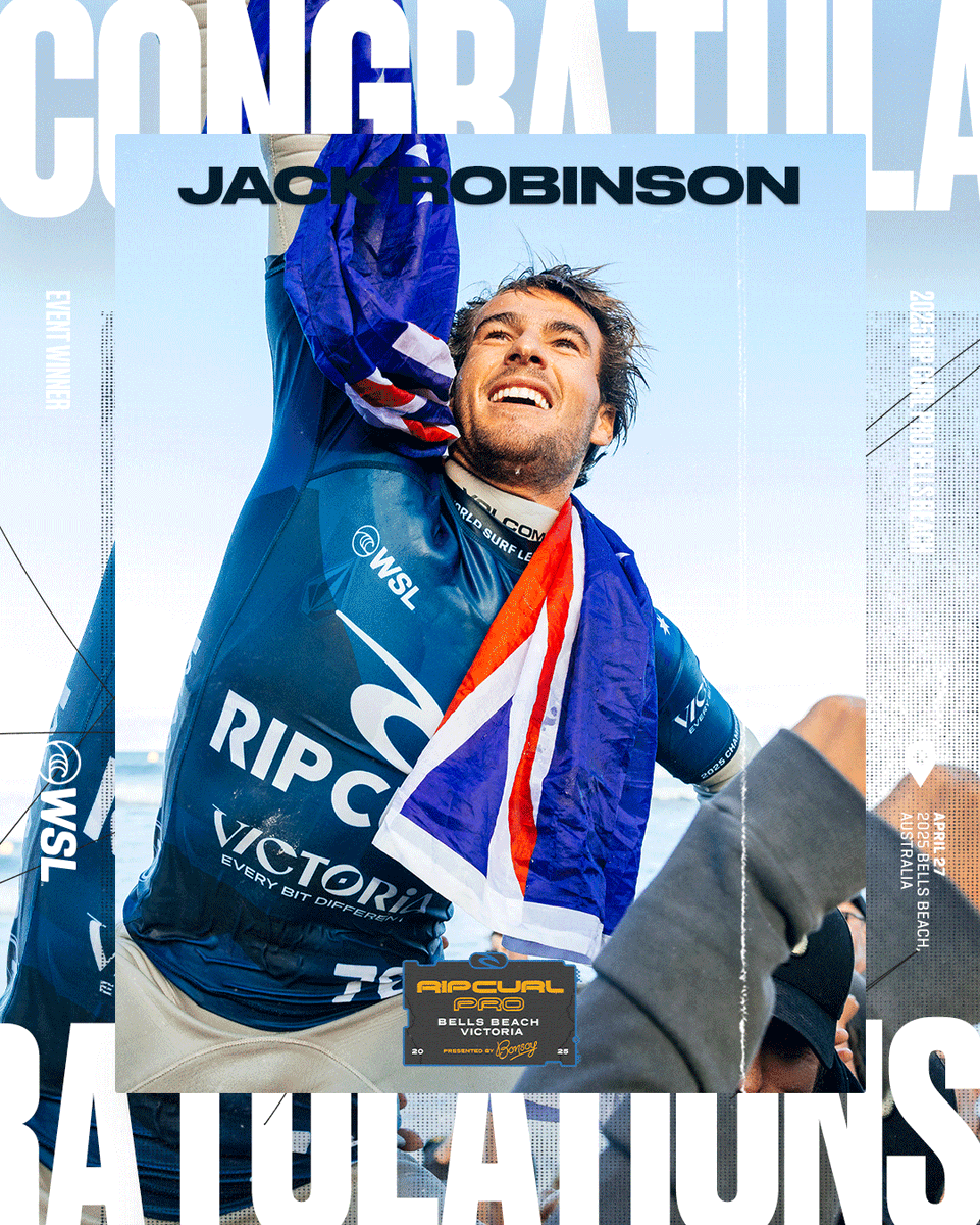 Huge congrats to Jack Robinson on his first Bell! 🔔🏆

What a run Robbo had, so tapped in with the Bowl all event long. Taking down some heavy names along the way to victory at the #RipCurlProBellsBeach Good on ya Jack!

<a href="/ripcurl/">Rip Curl</a> @originalbonsoy @melbourne