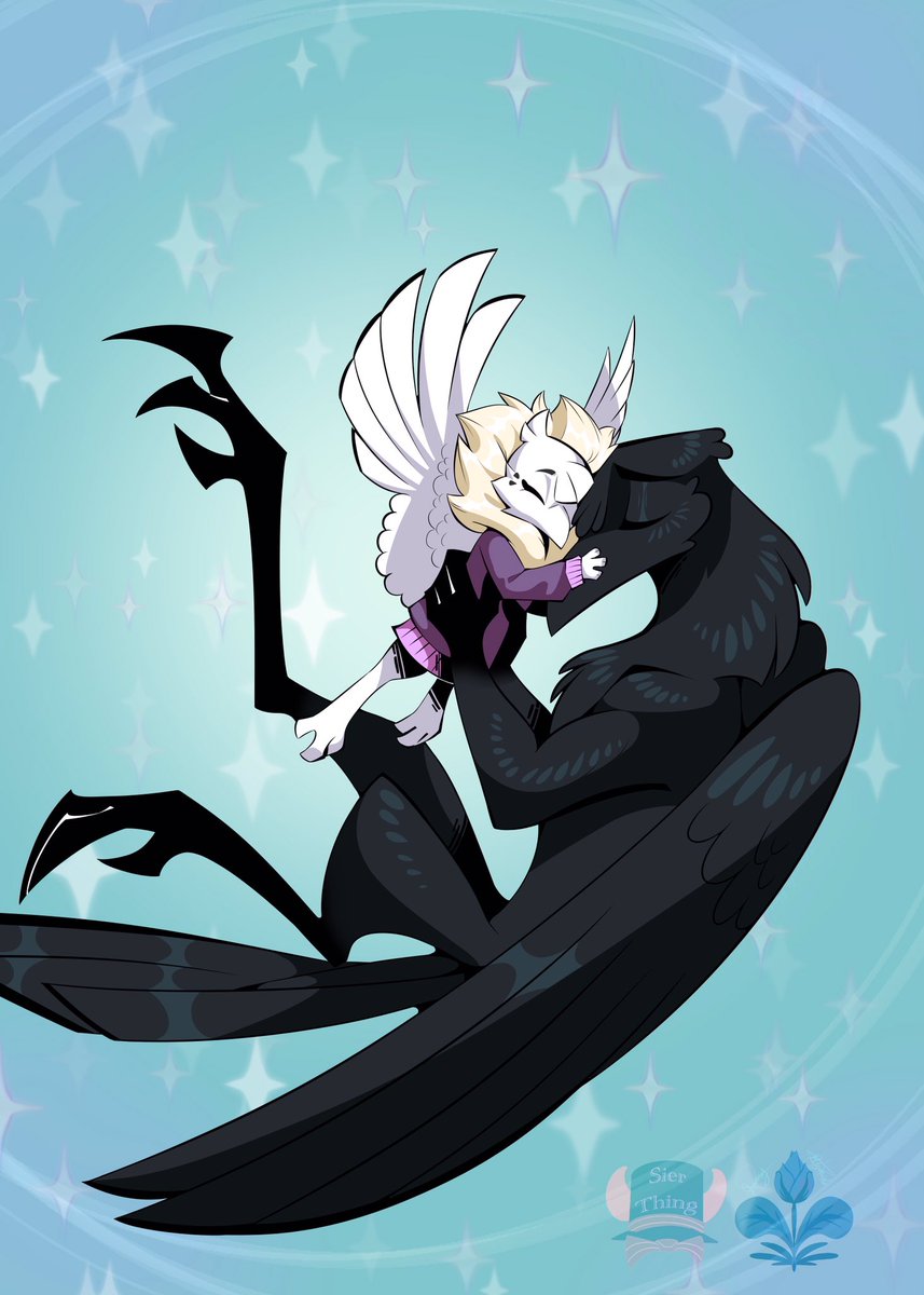 Jeremy with his beloved daughter! They're both ravens, just that his daughter didn't inherit his dark feathers.

#avian #avianfurry #furry #DigitalArtist #bird #anthro