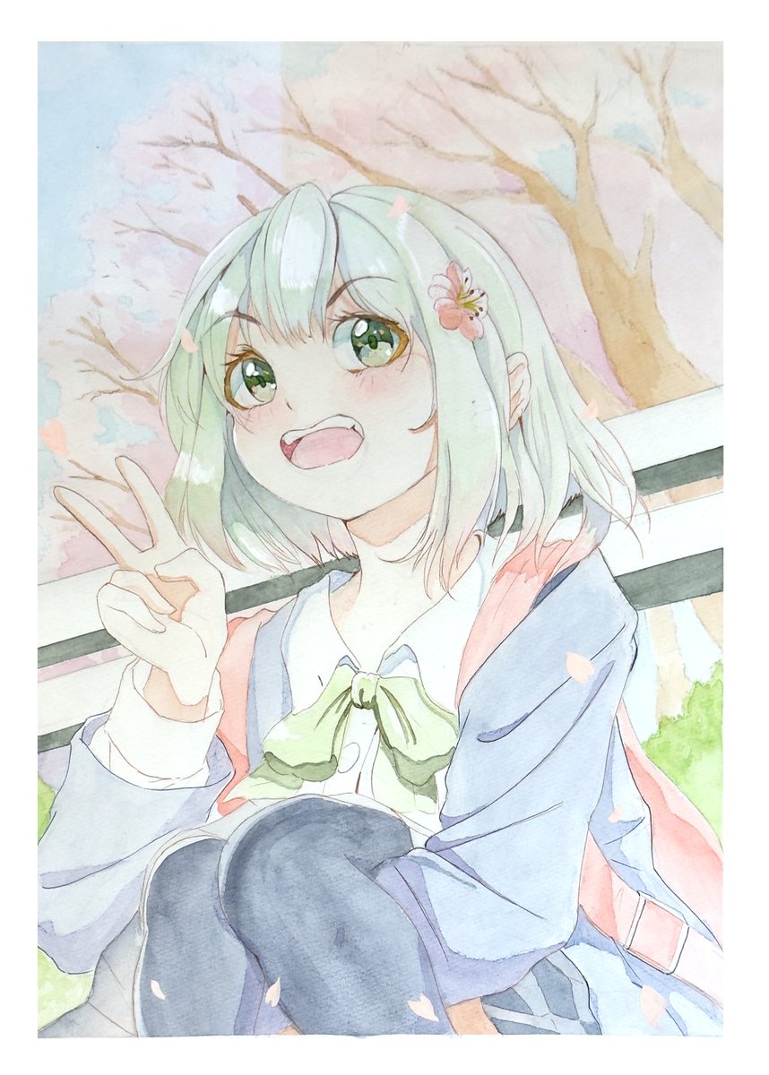 春風ピース！ | 低温チキン #pixiv pixiv.net/artworks/12975… 

透明水彩で春の光を感じる一枚🌸✨ ふんわり優しい色合いを目指しました。

#イラスト #透明水彩 #水彩画 #オリジナル #創作 #女の子 #春 #桜 #illustration