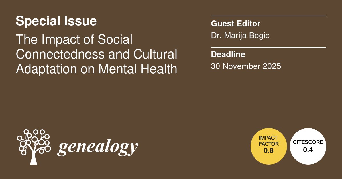 #callforpapers   

New Special Issue "The Impact of Social Connectedness and Cultural Adaptation on Mental Health"   

Guest editor: Dr. Marija Bogic

Submission Deadline: 30 November 2025

For more details: mdpi.com/si/238813