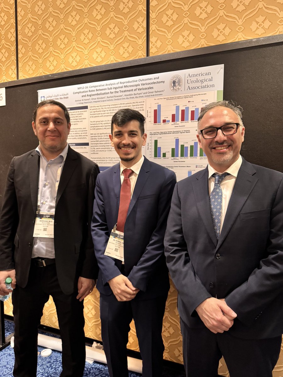 Honored to present at #AUA25! Sharing our study comparing subinguinal microscopic varicocelectomy and angioembolization! Grateful for the mentorship and support of Dr <a href="/OmerRaheemMD/">Omer Raheem</a> and Dr Alaeddin Barham. <a href="/AmerUrological/">Amer. Urol. Assn.</a> <a href="/CCAD/">Cleveland Clinic Abu Dhabi</a>