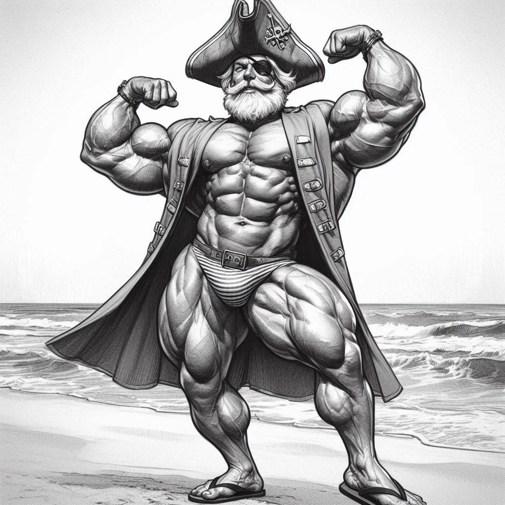 OlderMuscleMen's tweet photo. "A'hoy thar. Figured I undress a bit. It be hard fittin' in to me usual garb with all me mass." https://t.co/QHryBrF3c6