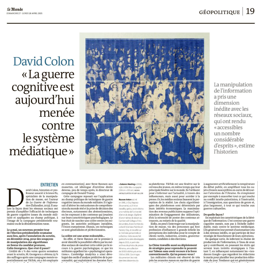 "La guerre cognitive est aujourd'hui menée contre le système médiatique". Dans cette interview publiée dans <a href="/lemondefr/">Le Monde</a>, j'analyse la façon dont, à l'ère de l'IA générative, les médias sociaux sont de plus en plus utilisés pour des campagnes de guerre cognitive algorithmique.