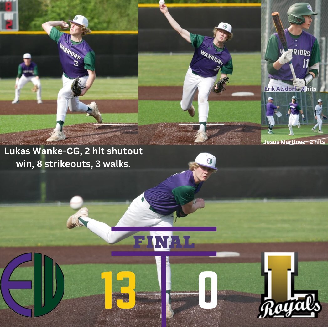 Your Warriors take game 1 of the Lynnwood series 13-0 on the road Friday! Lukas Wanke dominated on the mound with a 2 hit shutout and 8 strikeouts. Several Warriors had 2 hits each. Game 2 vs Lynnwood is Monday at EW.