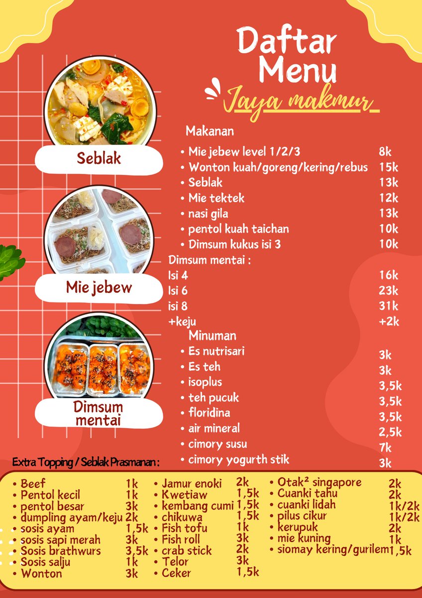 larassntr's tweet photo. Sedia aneka jajanan ...
Dimsum mentai, wonton, mie jebew, mie tek², seblak,  pentol kuah taichan, nasi gila
Harga mulai 10k
Delivery by maxim
Gofood "Seblak x pentol kuah taichan"
Grab&amp;shopee "pentol kuah taichan"
🏡Jl. Ngaglik 2c no.375 sukun 
@infomalang #pasarmingguinfomalang https://t.co/VnykV0riWx