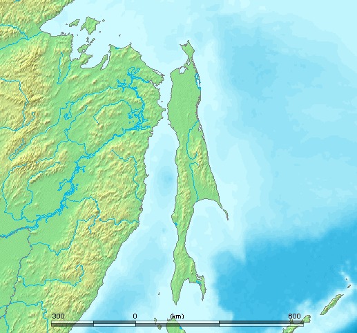 Sakhalin (Russian: Сахалин, IPA: [səxɐˈlʲin]) on north coast lies 6.5 km (4.0 mi) off the southeastern coast of Khabarovsk Krai in Russia, while its southern tip lies 40 kilometres (25 mi) north of Japan's Hokkaido.
2/10