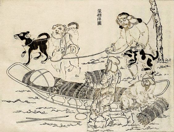 The drawing depicts two indigenous fishermen spearing fish, and bundling them up for transport in a sled with dogs in the background. In the foreground of the image two spears lie on what appears to be the side of a riverbank.
3/10