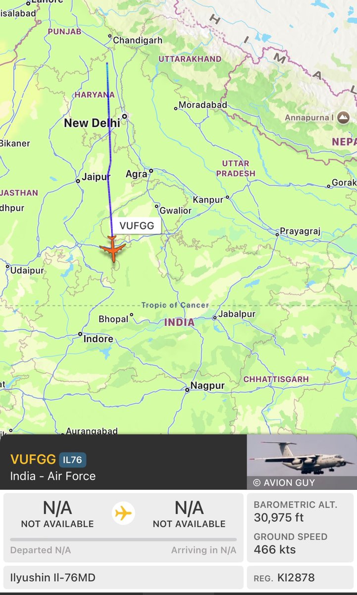 CeciliaSykala's tweet photo. Another India-Airforce  
 Ilyushin II-76MD
Reg Kl2878
#8002DB
From the direction of Chandigarh has also just gone dark at approx 30,000’. 
@masonrothman @Borrowed7Time https://t.co/oGscBV4Mve