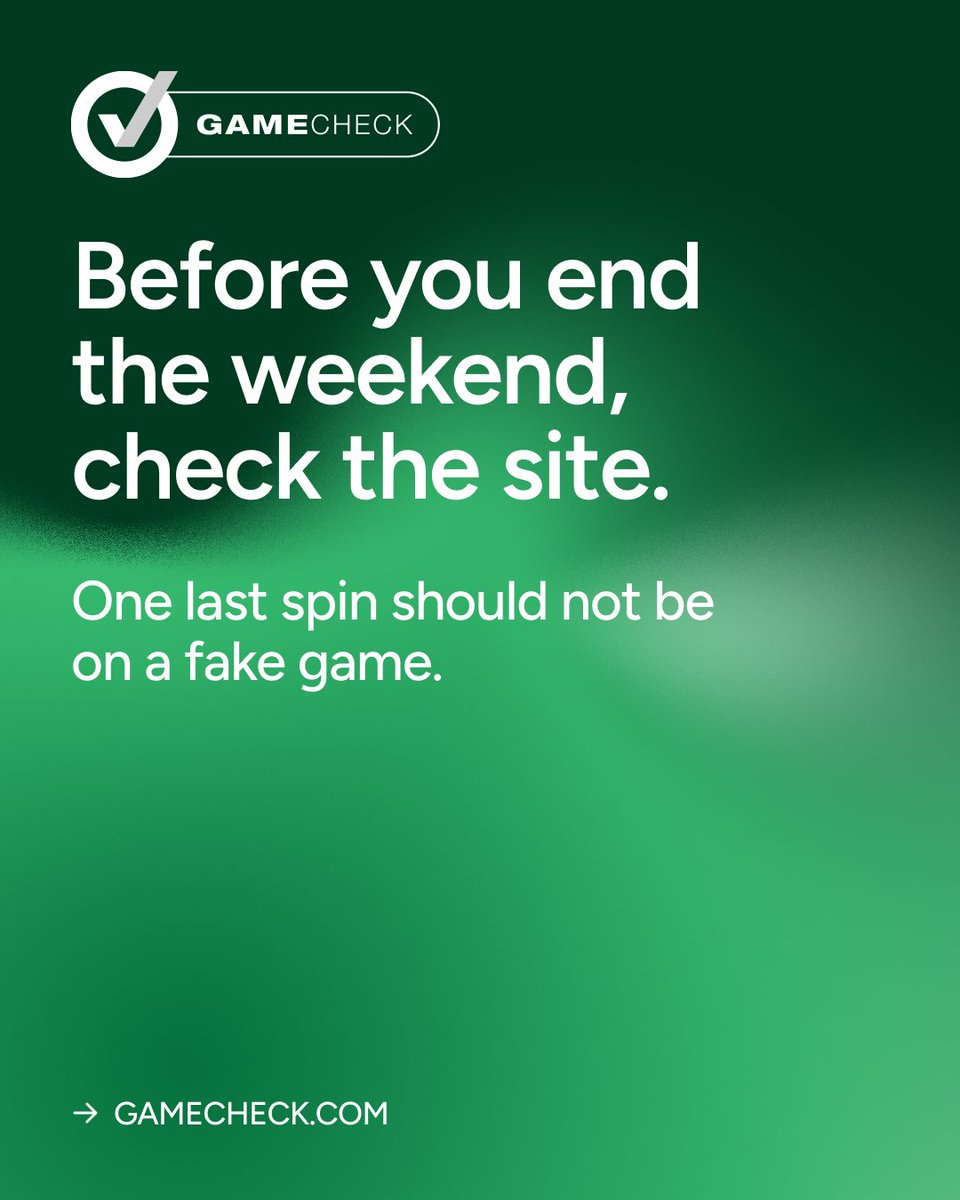 gamecheckcom's tweet image. 𝗕𝗲𝗳𝗼𝗿𝗲 𝘆𝗼𝘂 𝗲𝗻𝗱 𝘁𝗵𝗲 𝘄𝗲𝗲𝗸𝗲𝗻𝗱, 𝗰𝗵𝗲𝗰𝗸 𝘁𝗵𝗲 𝘀𝗶𝘁𝗲

One last spin before the week starts
Make sure it is on a real game
Gamecheck shows if the site has been flagged for fake games

Gamecheck before you play

#WeekendWindDown #CheckBeforeYouPlay…