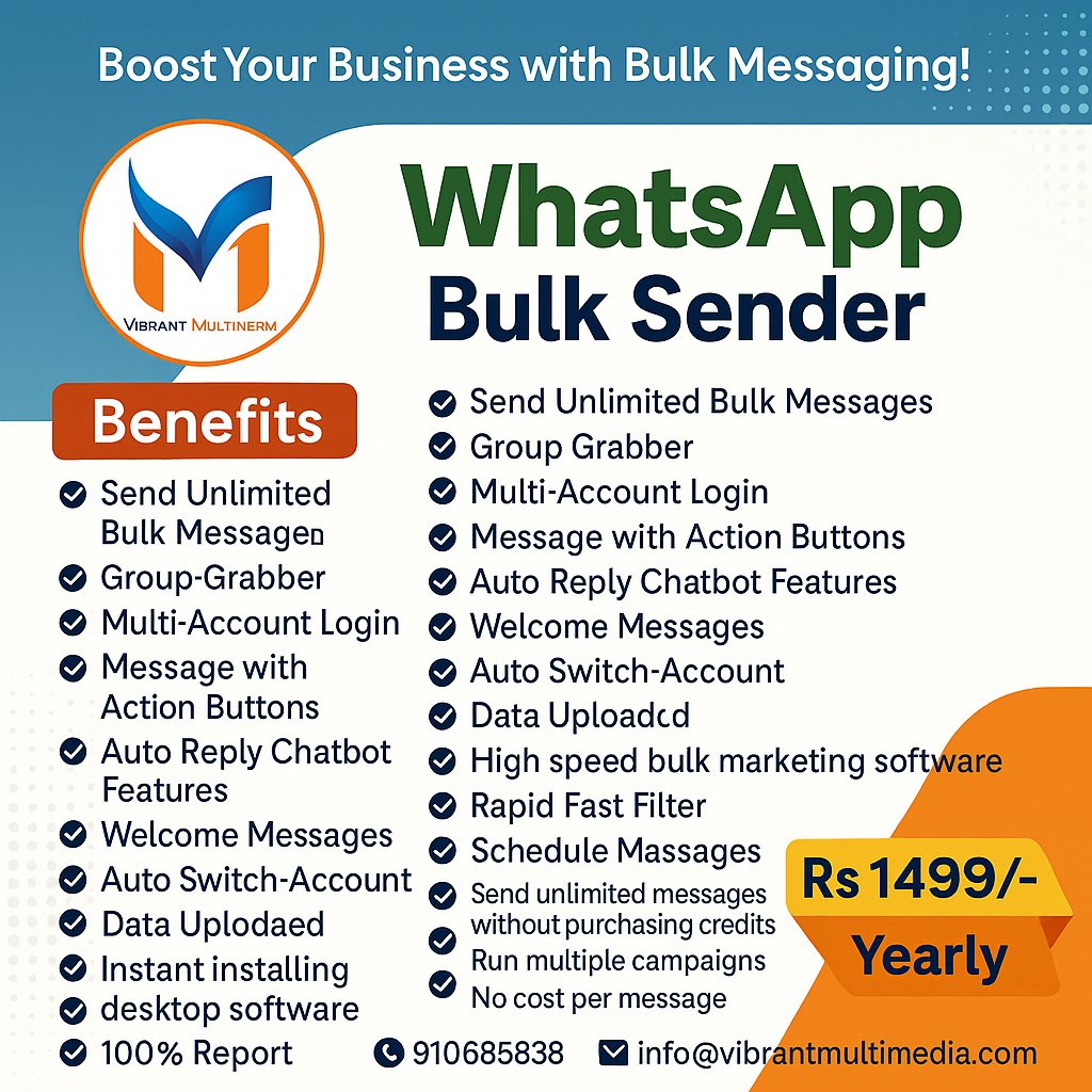 VibrantMultimed's tweet photo. #VibrantMultimedia  #WhatsAppMarketing  #BulkMessaging  #BulkMessageSender  #WhatsAppBusiness  #DigitalMarketing  #MarketingSoftware #SocialMediaMarketing  #LeadGeneration  #WhatsAppBulkSender  #WhatsAppPromotion  #GrowYourBusiness  #BusinessPromotion  #MarketingTools https://t.co/h1XP00QWnc