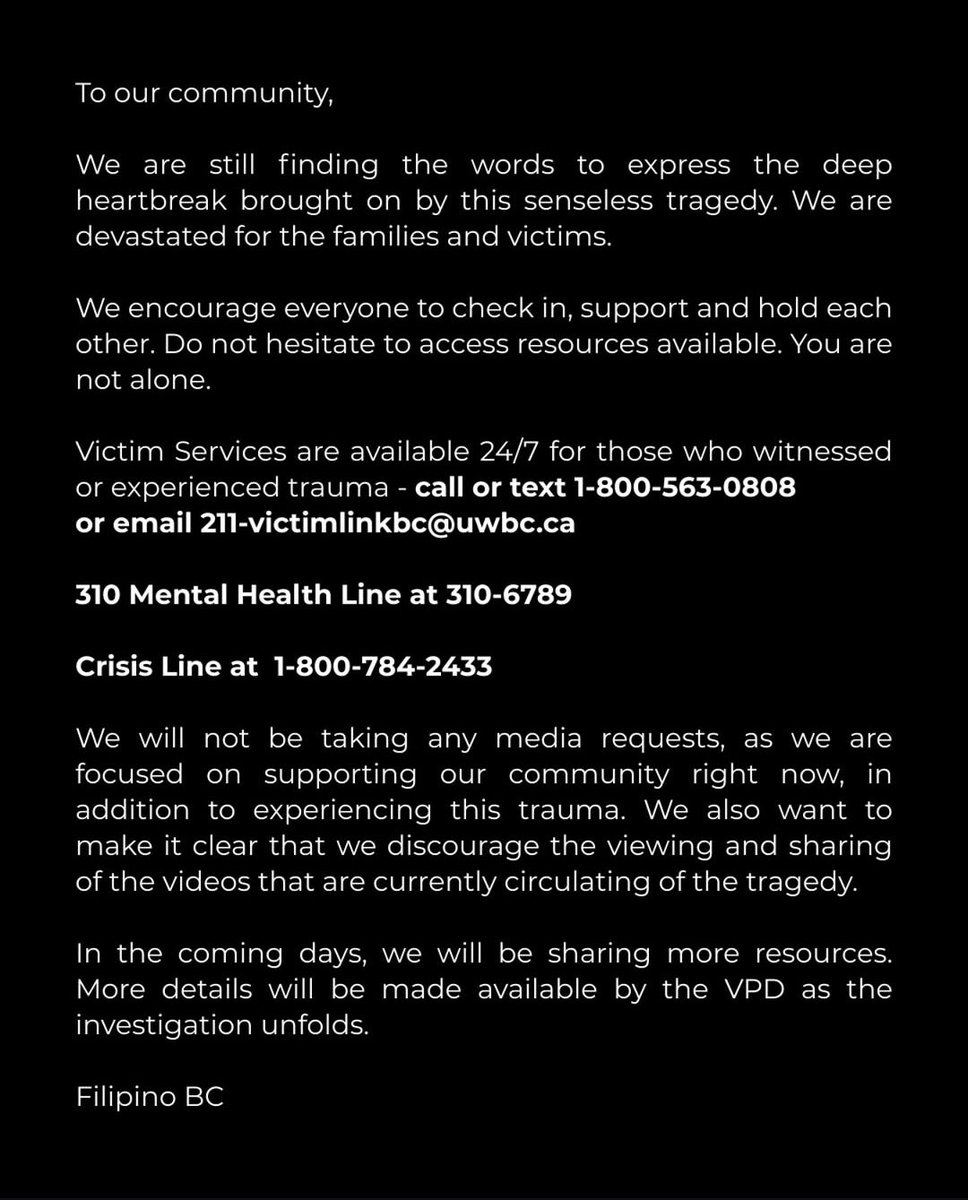 And a gentle reminder to everyone sharing videos - 

Filipino BC and the organizers of Lapu Lapu Day are strongly discouraging the viewing and sharing of these videos.