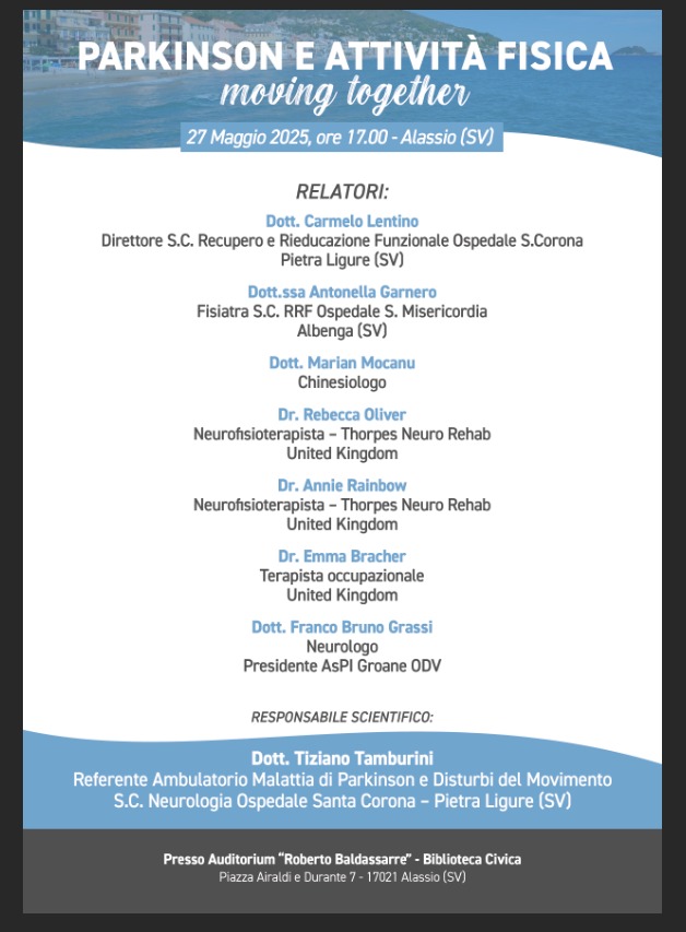 Marian Mocanu (@marianmoca39887) on Twitter photo Convegno
“Parkinson e attività fisica”
diretto dal dottor Tiziano Tamburini con la partecipazione degli esperti britannici <a href="/PhysioBec/">Beccy Oliver</a>, Annie Rainbow ed Emma Bracher, del chionesiologo Marian Mocanu, dei fisiatri Antonella Garnero e Carmelo Lentino,e del neurologo Franco Grassi Convegno
“Parkinson e attività fisica”
diretto dal dottor Tiziano Tamburini con la partecipazione degli esperti britannici <a href="/PhysioBec/">Beccy Oliver</a>, Annie Rainbow ed Emma Bracher, del chionesiologo Marian Mocanu, dei fisiatri Antonella Garnero e Carmelo Lentino,e del neurologo Franco Grassi