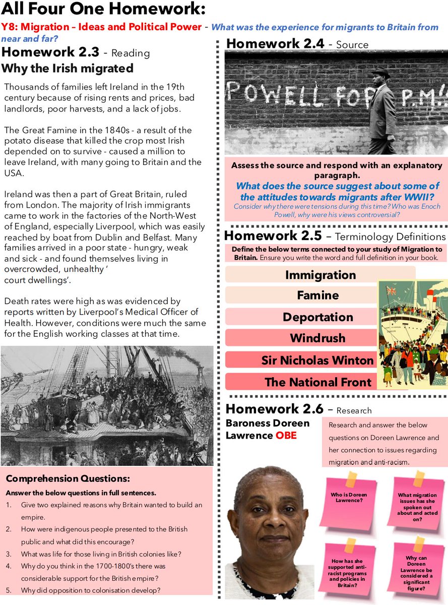 mrfitzhist's tweet image. Next round of ‘All Four One’ KS3 homework sheets. This format has helped with the consistency of our homework setting and offers flexibility with setting either the entire sheet or individual tasks. Short sharp bursts of meaningful knowledge/second order concepts. #historyteacher