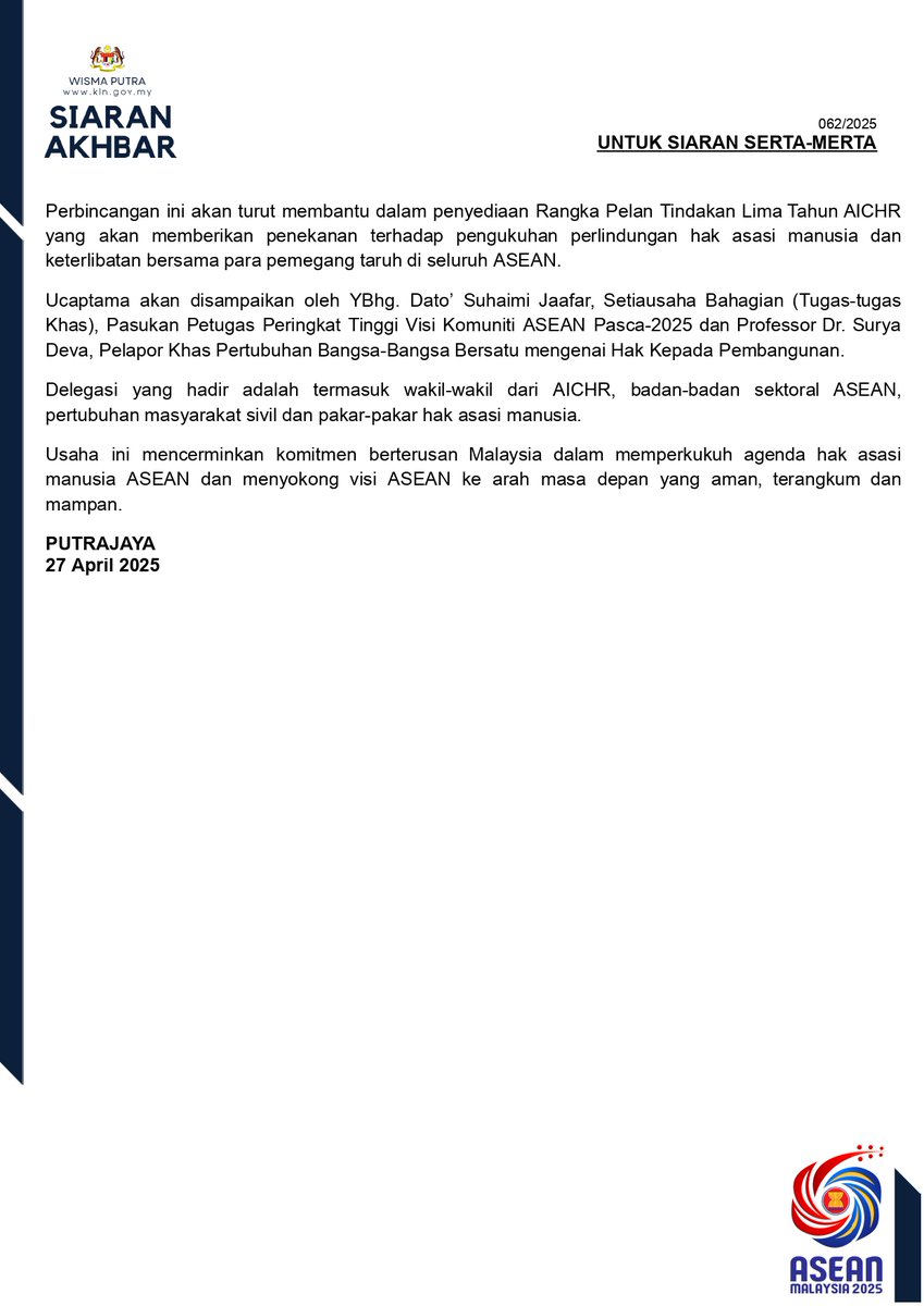 BernamaTV's tweet photo. Malaysia Menerajui Agenda Hak Asasi Manusia ASEAN Melalui Dua Perbincangan Strategik Bagi Memperkasa Hak Kepada Pembangunan Dan Perangkaan Pelan Tindakan Hak Asasi Manusia Di Peringkat Serantau 28 – 29 April 2025

#digitalbernamatv #asean #myasean https://t.co/z7VrILJ2n5