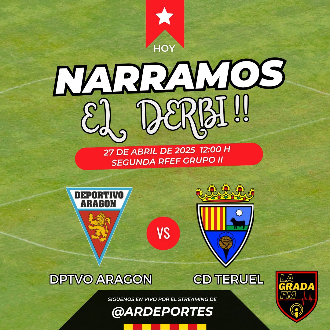 #HoyNarramos De #DerbiAragones a #DerbiAragones y tiro porque me toca!    

✅ <a href="/RZcantera/">Cantera Real Zaragoza</a> - <a href="/TeruelCd/">Club Deportivo Teruel</a>

📆 27/04  🕛12:00

📺 <a href="/ardeportes/">Aragón Deporte</a>
📻 <a href="/aragonradio/">Aragón Radio</a>
🎙️ <a href="/lagradafm/">La Grada</a> 

#LaVozDelFutbolAragones