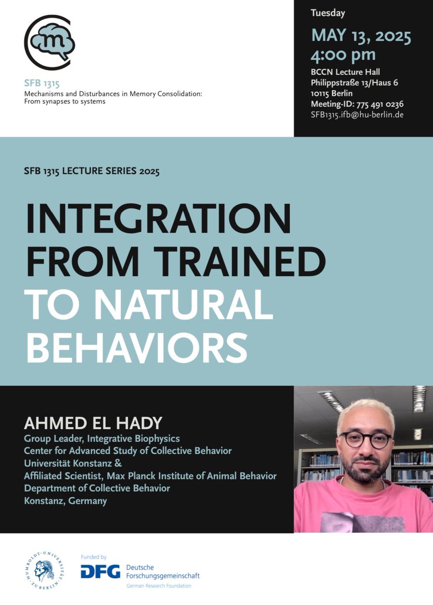 Ahmed El Hady (@zamakany) on Twitter photo If you are around in Berlin May 13th , come attend my talk at The Bernstein Center for computational neuroscience lecture hall May 13th at 4 pm . All details here : sfb1315.de/events/integra…
Thank you <a href="/liviadehoz/">Livia de Hoz</a> and <a href="/SFB1315/">Collaborative Research Center 1315</a> for the invitation . If you are around in Berlin May 13th , come attend my talk at The Bernstein Center for computational neuroscience lecture hall May 13th at 4 pm . All details here : sfb1315.de/events/integra…
Thank you <a href="/liviadehoz/">Livia de Hoz</a> and <a href="/SFB1315/">Collaborative Research Center 1315</a> for the invitation .