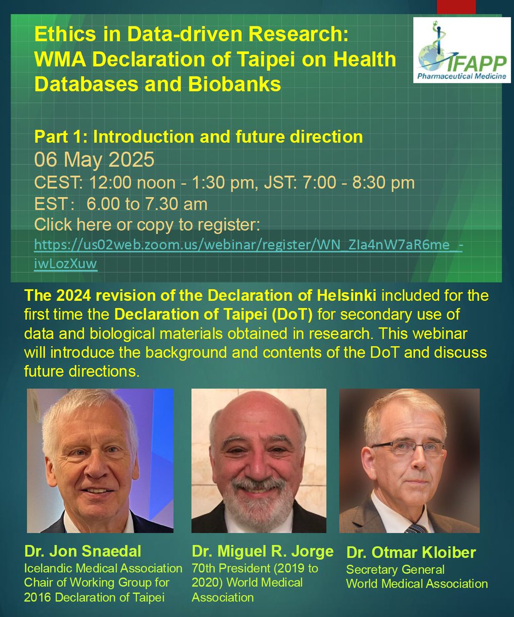 ‼️ Join @IFAPP webinar on "Ethics in Data-driven Research: WMA Declaration of Taipei on Health Databases &amp; Biobanks" 📆 6 May 2025 ⏱️ CEST 12:00 -13:30 | EST: 06:00 - 0730  ➡️ Register: ow.ly/W0bh50VpjrJ <a href="/otmarkloiber/">Otmar Kloiber</a> #MedicalResearch #BioEthics #DeclarationOfTaipei