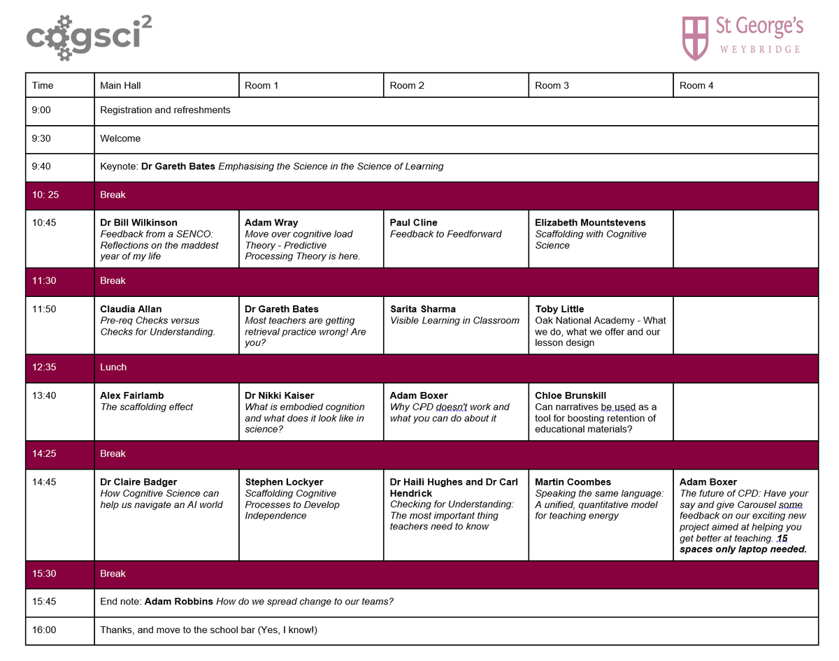 cogscisci's tweet image. 🚨CogSciSci Surrey 2025 schedule is here!🚨

Featuring: @mrlockyer @MBDscience @PaulCline_psy @Inner_Drive @DrMountstevens @adamboxer1 @smashEDITT @lamb_heart_tea @AdamWteach @OakNational @WRScienceSec @mrarobbins @HughesHaili @C_Hendrick  see QR for tickets