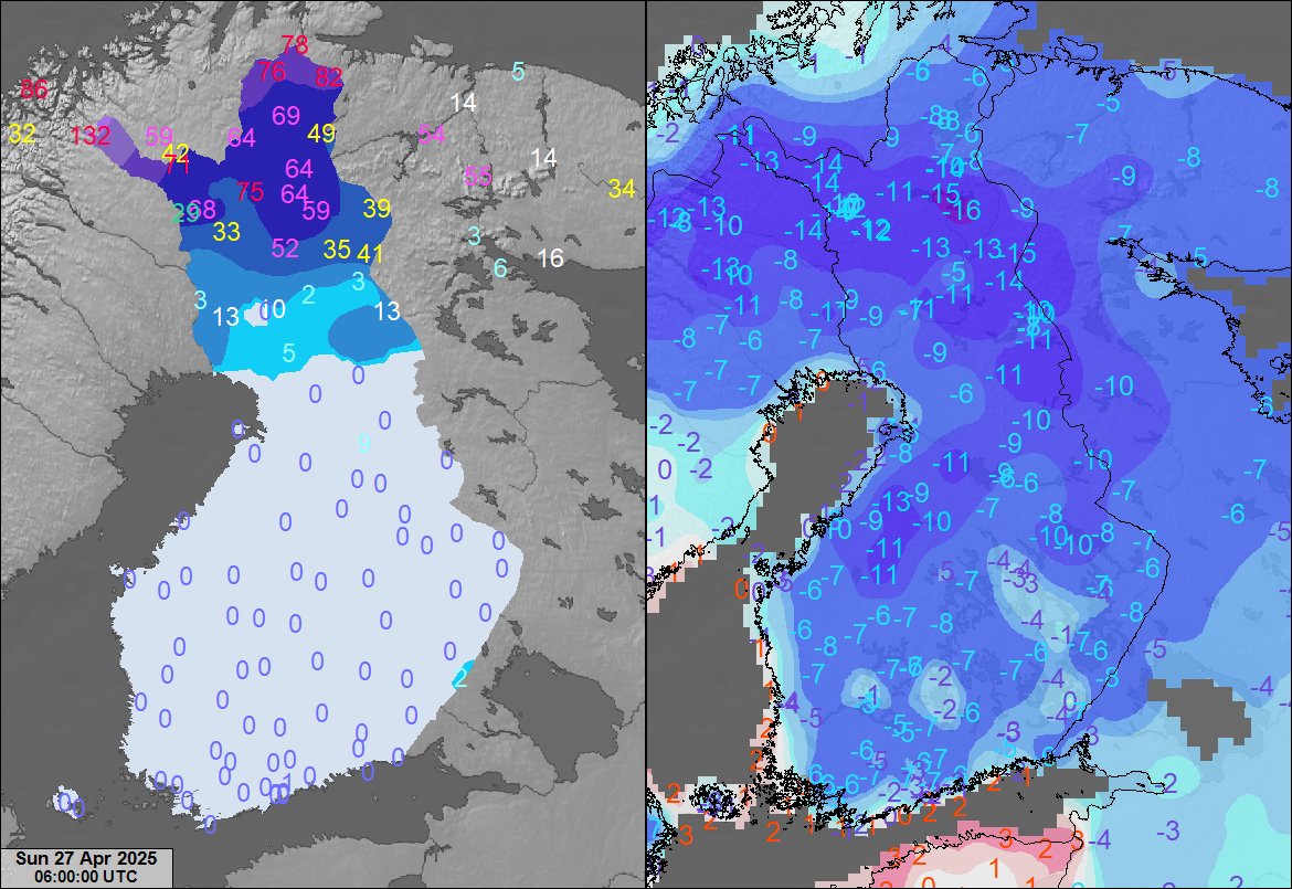 jaj2009's tweet photo. Aamun lumitilanne 27.4.2025 ja viime yön minimilämpötiloja.
#sää #huhtikuu #lumi #snowdepth #Tmin https://t.co/W2sQbSdn8Q