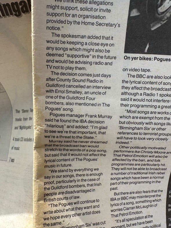 dlLambo's tweet image. A piece on The Pogues in 1988 in English papers:

Home office: "We think these allegations might support, solicit or invite support for an organisation."

Pogues manager Frank Murray: "I'm glad to see we're that important, that we're a threat to the state".