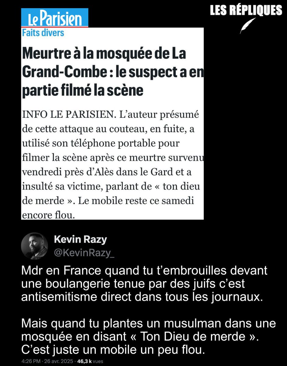 « Ton Allah de merde… Je lui ai planté ses fesses. » : un terroriste islamophobe a tué vendredi matin Aboubakar un fidèle de la mosquée de la Grand-Combe de près de 40 coups de couteau en pleine prosternation 
#Attentat 

<a href="/KevinRazy_/">Kevin Razy 🧸</a>