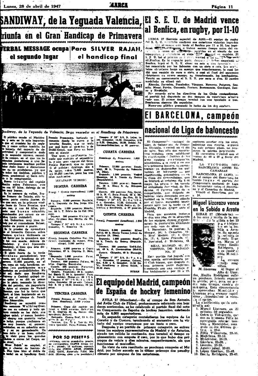 Francesc Fernandez (@francescferna12) on Twitter photo 27 d'abril de 1947. El <a href="/FCBbasket/">Barça Basket</a> venç 57-24 al Canarias en l'últim partit de lliga i s'adjudica un títol que <a href="/BaloncestoESP/">Baloncesto España</a> reconeixia l'any 49 i que després va ser estranyament esborrat. El club demanà la restitució el 2023, però la FEB, presidida per <a href="/eaguilar10/">Elisa Aguilar</a>, manté silenci 27 d'abril de 1947. El <a href="/FCBbasket/">Barça Basket</a> venç 57-24 al Canarias en l'últim partit de lliga i s'adjudica un títol que <a href="/BaloncestoESP/">Baloncesto España</a> reconeixia l'any 49 i que després va ser estranyament esborrat. El club demanà la restitució el 2023, però la FEB, presidida per <a href="/eaguilar10/">Elisa Aguilar</a>, manté silenci
