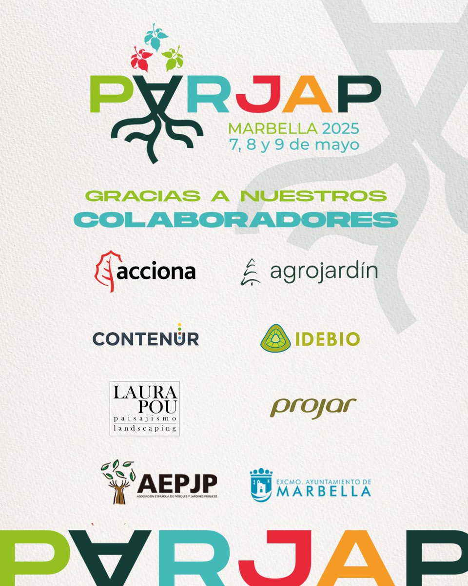 Asociación Española de Parques y Jardines Públicos (@aepjp) on Twitter photo 🌾¡Gracias a <a href="/ACCIONA/">ACCIONA</a> , Agrojardín, <a href="/CONTENURes/">CONTENURes</a> , Idebio, Laura Pou Paisajismo y <a href="/ProjarInt/">Projar International</a> por colaborar en PARJAP Marbella 2025! 🌴 Vuestra implicación impulsa espacios más sostenibles. Nos vemos del 7 al 9 de mayo en Marbella. #PARJAP2025 #EspaciosVerdes 🌾¡Gracias a <a href="/ACCIONA/">ACCIONA</a> , Agrojardín, <a href="/CONTENURes/">CONTENURes</a> , Idebio, Laura Pou Paisajismo y <a href="/ProjarInt/">Projar International</a> por colaborar en PARJAP Marbella 2025! 🌴 Vuestra implicación impulsa espacios más sostenibles. Nos vemos del 7 al 9 de mayo en Marbella. #PARJAP2025 #EspaciosVerdes