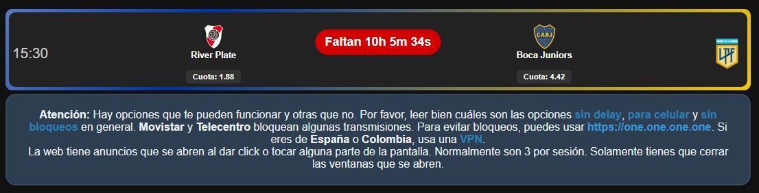 9 Transmisiones disponibles para River vs Boca.

Se agregaron 2 nuevas anti-bloqueos, se irán agregando más.