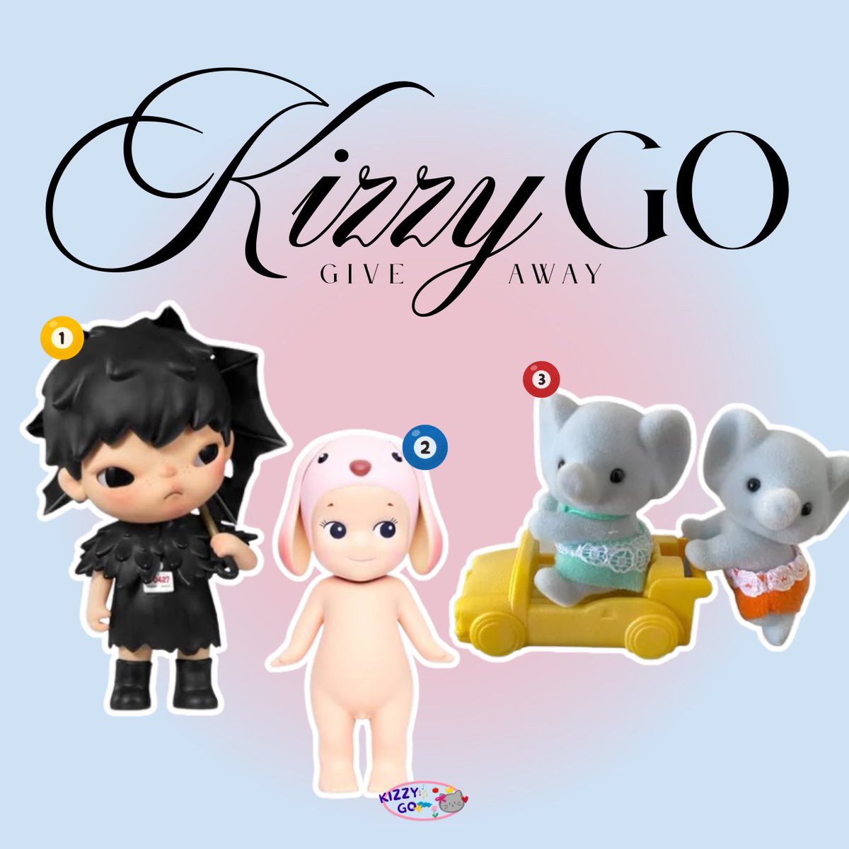 It’s KIZZY GO Giveaway time  ( 🧸💘 ) 
There will be 3 winner to get : 

• Hirono Fallen Angel (1)
• Sonny Angel Lopear (1)
• Sylvanian Elephant Twins (1)

Syaratnya cukup FOLLOW akun <a href="/itsKizzyGo/">Go Kizzy</a>, RETWEET post ini dan reply dengan wishlist kalian. Pemenang akan diundi 8 Mei ❣️
