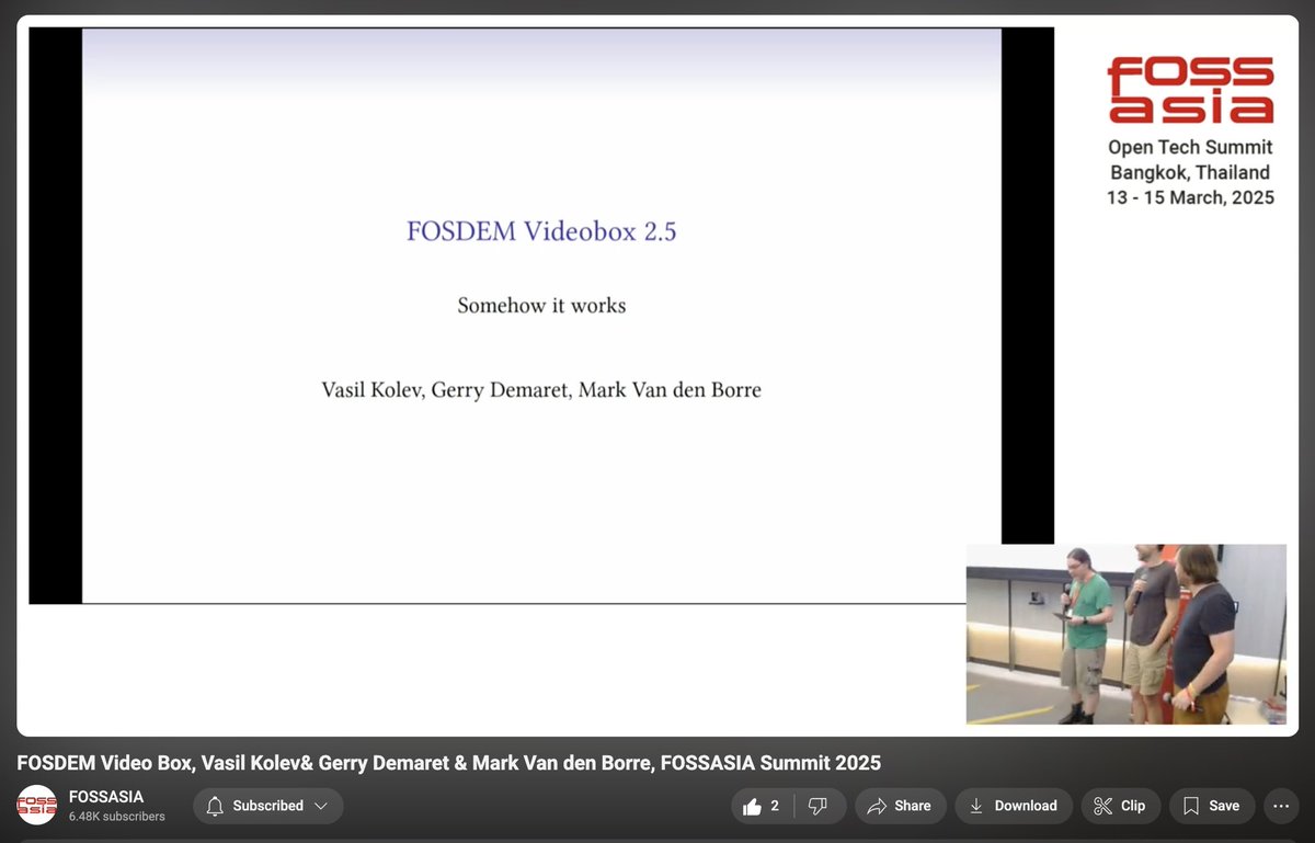 fossasia's tweet image. How does #FOSDEM stream hundreds of sessions? Vasil Kolev, Gerry Demaret, and Mark Van den Borre reveal the open-source FOSDEM Video Box at #FOSSASIASummit2025

🔗 Click here to learn how you can apply similar open-source solutions to your own events youtu.be/ư5pqJAnIG3M