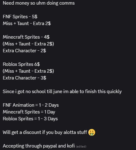 Keithoru's tweet image. Animations FNF c0mmissi0n$

Info is in the image

#fnf #fnfmod #fridaynightfunkin #fridaynightfunkinmod #fridaynightfunkinmods #fnfcommission