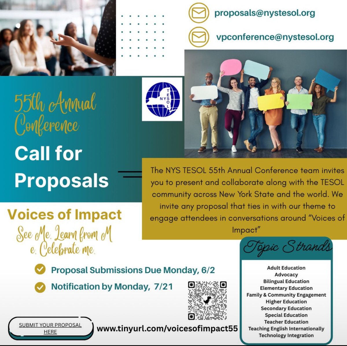 Call for Proposals for the NYS TESOL 55th Annual Conference! 📣
Our annual conference will be November 8th (virtual), &amp; November 21-22, 2025 Saratoga Springs, NY so SAVE THOSE DATES!🗓
⚠️#NYSTESOL 55th Annual Conference Proposal Deadline: 6/022 Notification of acceptance 7/21