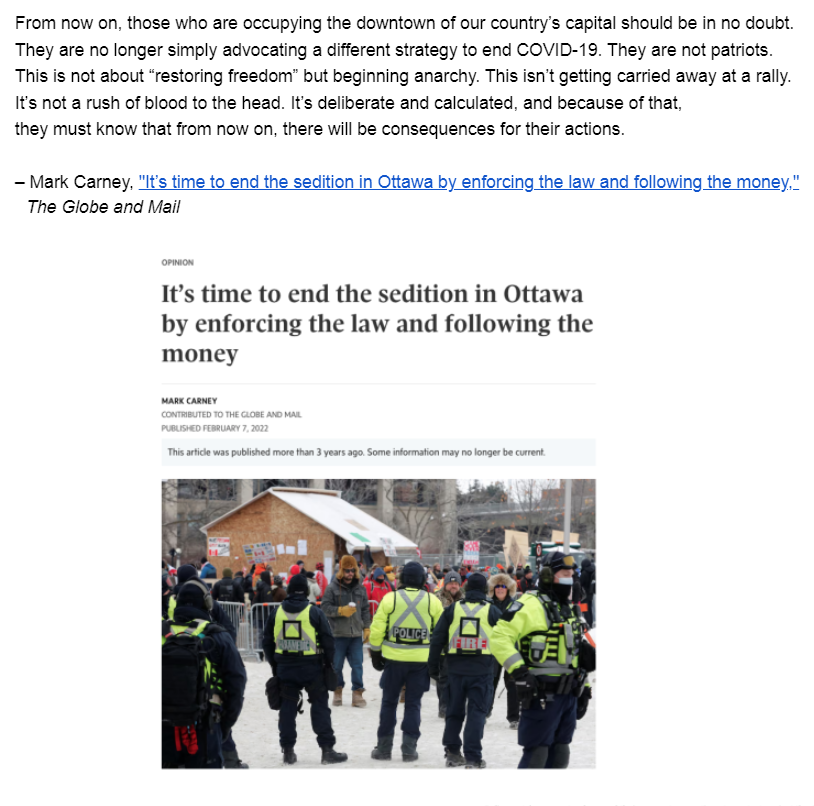 josephmhickey's tweet image. Know who you are electing #Canada:

"It's time to end the sedition in Ottawa by enforcing the law and following the money" -- Mark Carney in the Globe and Mail, February 7, 2022

theglobeandmail.com/opinion/articl…
