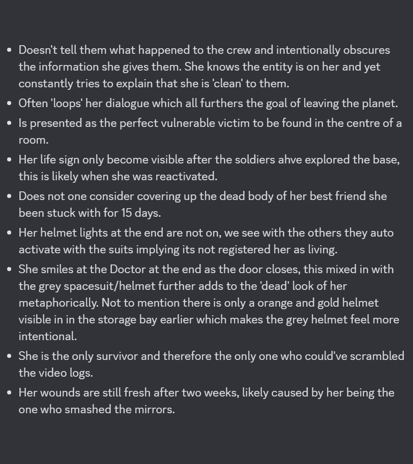 Fully on board the theory that Aliss Fenley was dead the entire time now I've rewatched The Well. 

She was merely a possessed puppet of the Entity, an advanced form of 'Sky' we see in Midnight.

It used this woman's terrified final moments and turned it into a trap.

#DoctorWho