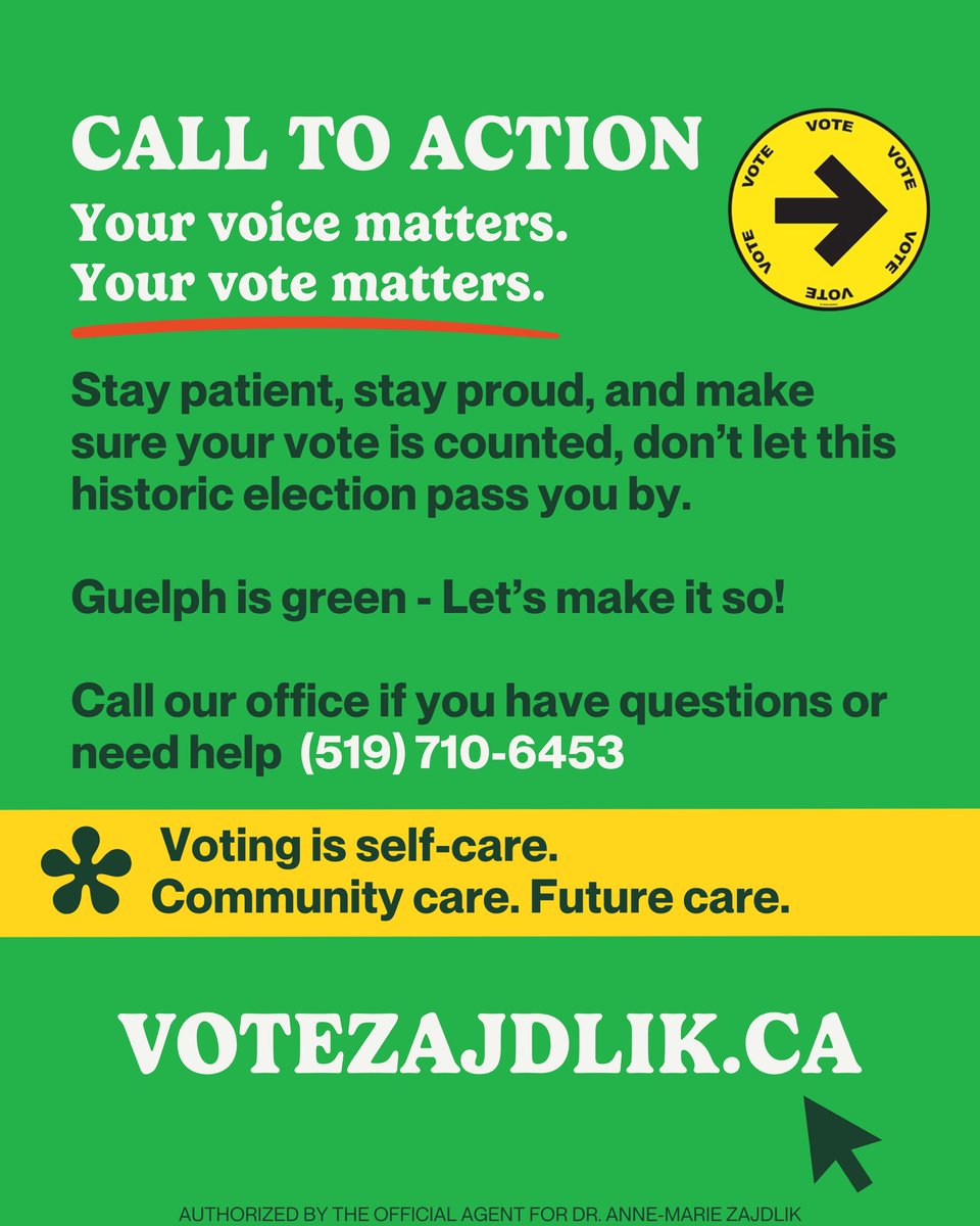 Ready, set, vote!
Polls are open 9:30AM–9:30PM.
Bring ID, wear comfy shoes, stay kind to election workers.
Need help? Visit votezajdlik.ca or call our office 519-710-6453
Vote Green. Vote Anne-Marie Zajdlik on April 28!
#VoteGreen #GuelphVotes #VoteZajdlik
