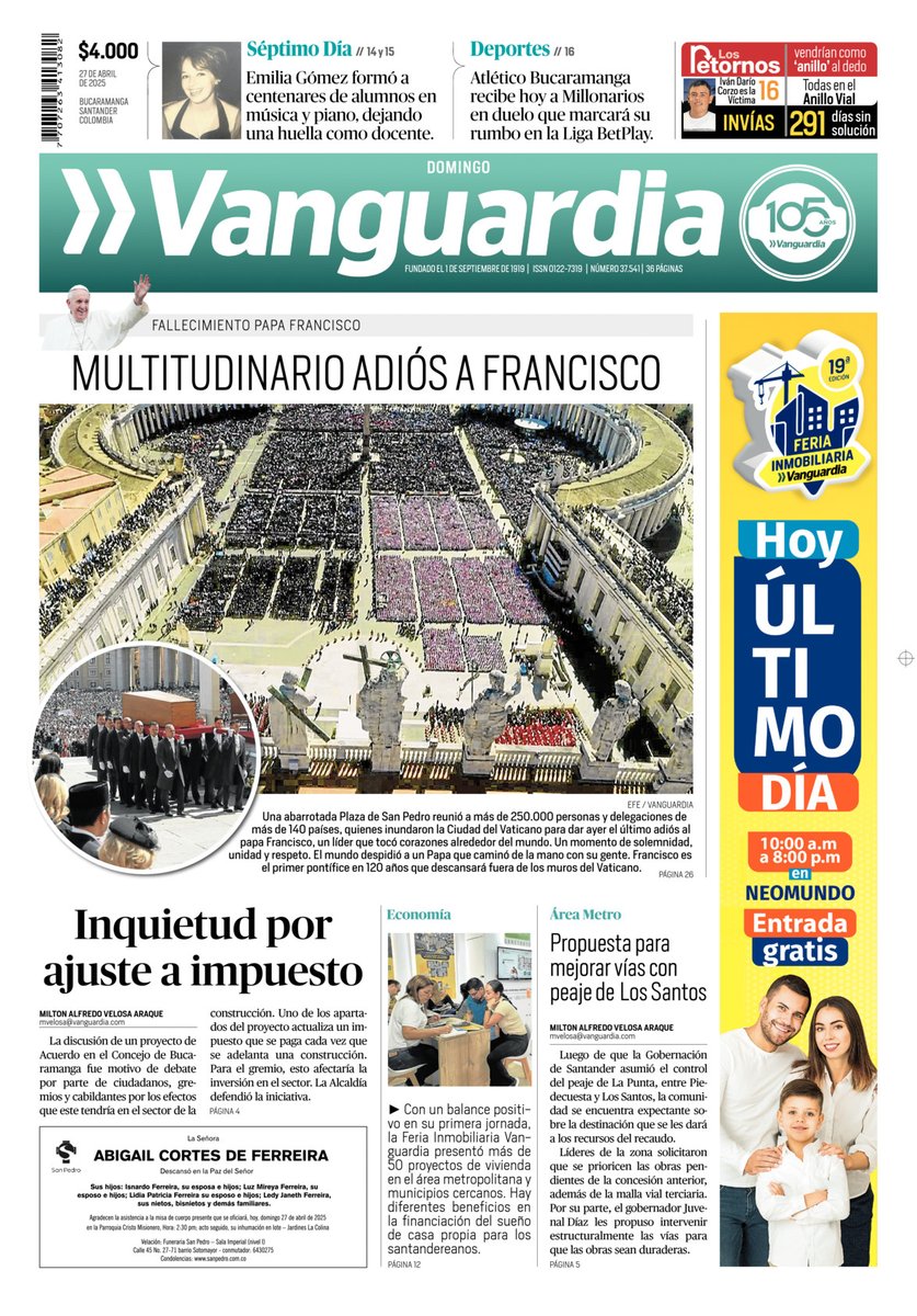¡Buenos días! 🌤️ Feliz Domingo ☁️🌧

Compartimos la portada de nuestra edición impresa de hoy 27 de abril: Multitudinario adiós francisco 👇🔗

Inicie su mañana con las noticias destacadas del día en Vanguardia.com