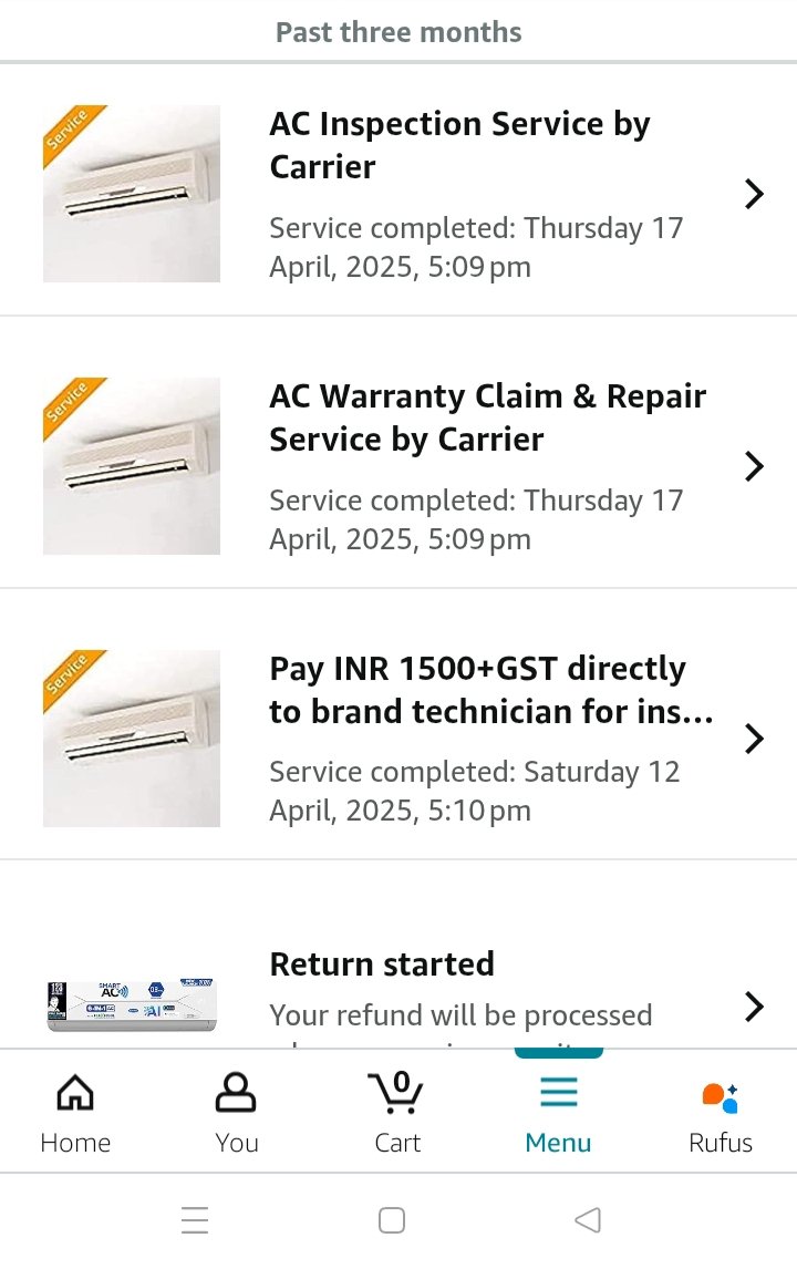 BankerMayank_G's tweet photo. @amazonIN, cooling issue with my AC (Order ID: 171-0199719-xxxx301) reported on 16th April, no pickup as promised. Paid ₹1500 installation &amp; ₹800 uninstallation, still no refund!
Immediate action or I’ll escalate.
#AmazonIndia #Refund #PoorService https://t.co/53MMezmALC