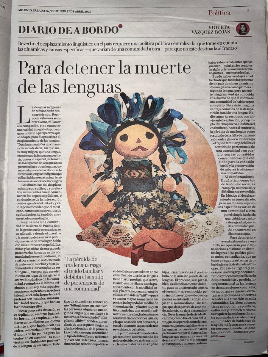 Publiqué en <a href="/Milenio/">Milenio</a> sobre el proceso en el que el español va ocupando los espacios de uso de las lenguas indígenas hasta reemplazarlas por completo. Sólo si sabemos el grado en el que se encuentra en cada comunidad sería posible diseñar estrategias eficaces para revertirlo.
