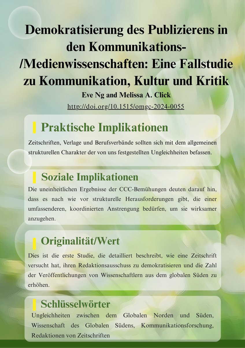 Wie das Publizieren in den Kommunikations-/Medienwissenschaften demokratisiert?🌱#Ungleichheiten zwischen dem globalen Norden und Süden #Kommiäunikationsforschung #Redaktionen
DOI: doi.org/10.1515/omgc-2…