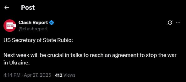 ⚡️Next week will be crucial in negotiations to reach a peace deal, – Clash Report, citing US Secretary of State Rubio.

Current fundrising for the Armed Forces of Ukraine.
💸 PayPal
molniamolnievic@gmail.com

👉 Follow <a href="/blyskavka_ua/">BLYSKAVKA</a>