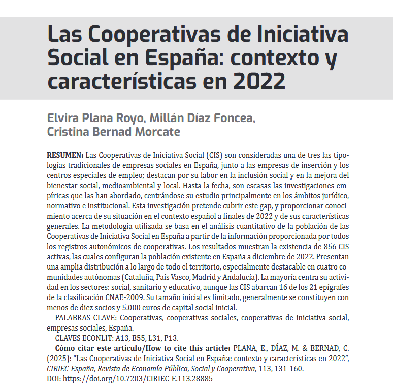 Las #Cooperativas de Iniciativa Social son consideradas una de tres las tipologías  tradicionales  de  #empresassociales  en  #España,  junto  a  las  #empresasdeinserción  y  los  #CEE centros especiales de empleo
📥turia.uv.es/index.php/ciri…