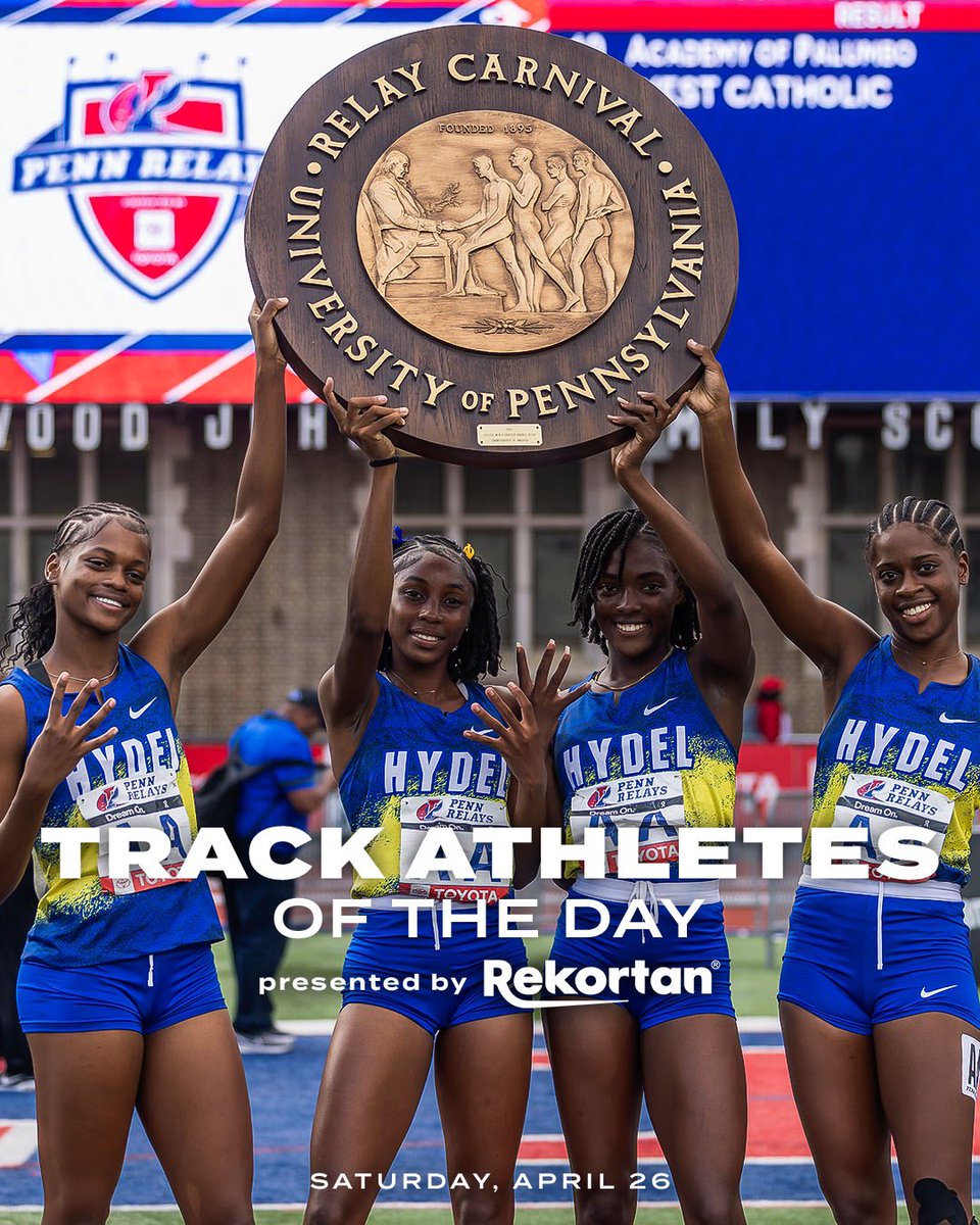 𝐓𝐫𝐚𝐜𝐤 𝐀𝐭𝐡𝐥𝐞𝐭𝐞𝐬 𝐨𝐟 𝐭𝐡𝐞 𝐃𝐚𝐲

Hydel wins its 4th straight HSG 4x400 Championship of America, crushing the Penn Relays record with a time of 3:30.42!