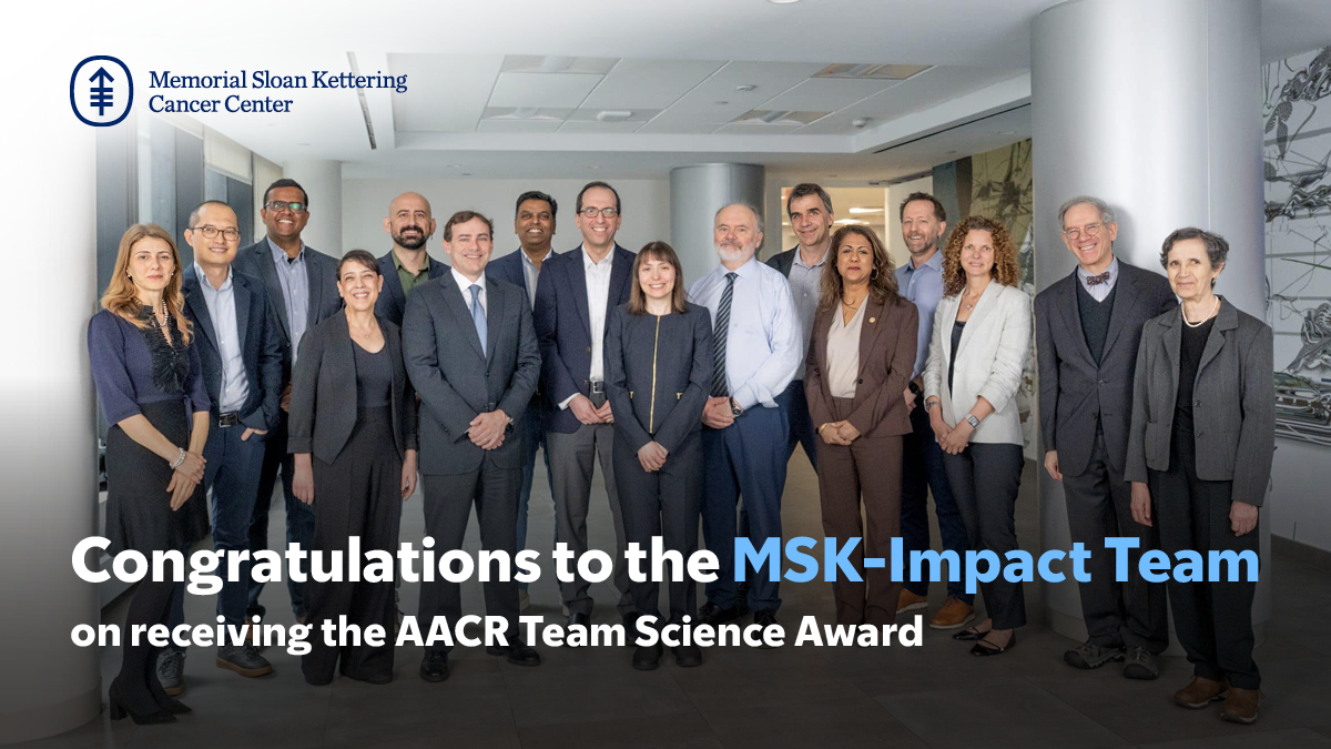 Memorial Sloan Kettering Cancer Center (@mskcancercenter) on Twitter photo Congratulations to the MSK-IMPACT team at MSK for receiving the American Association for Cancer Research (AACR) Team Science Award.
The team, led by <a href="/MFBerger1/">Michael Berger</a>, <a href="/DSolit/">David B. Solit, MD</a>, and <a href="/MLadanyi/">Marc Ladanyi</a>, is recognized for its pivotal advances in clinical genomic sequencing that have transformed Congratulations to the MSK-IMPACT team at MSK for receiving the American Association for Cancer Research (AACR) Team Science Award.
The team, led by <a href="/MFBerger1/">Michael Berger</a>, <a href="/DSolit/">David B. Solit, MD</a>, and <a href="/MLadanyi/">Marc Ladanyi</a>, is recognized for its pivotal advances in clinical genomic sequencing that have transformed