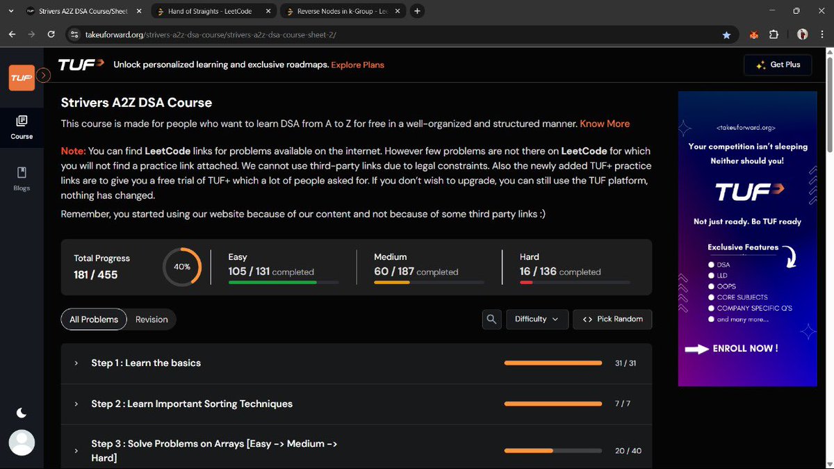 harshhshuklaa's tweet image. 40% Striver’s A2Z sheet completed . 
Thanks a lot man . @striver_79 
Also , the new ui is crazy. 
#dsa #striver