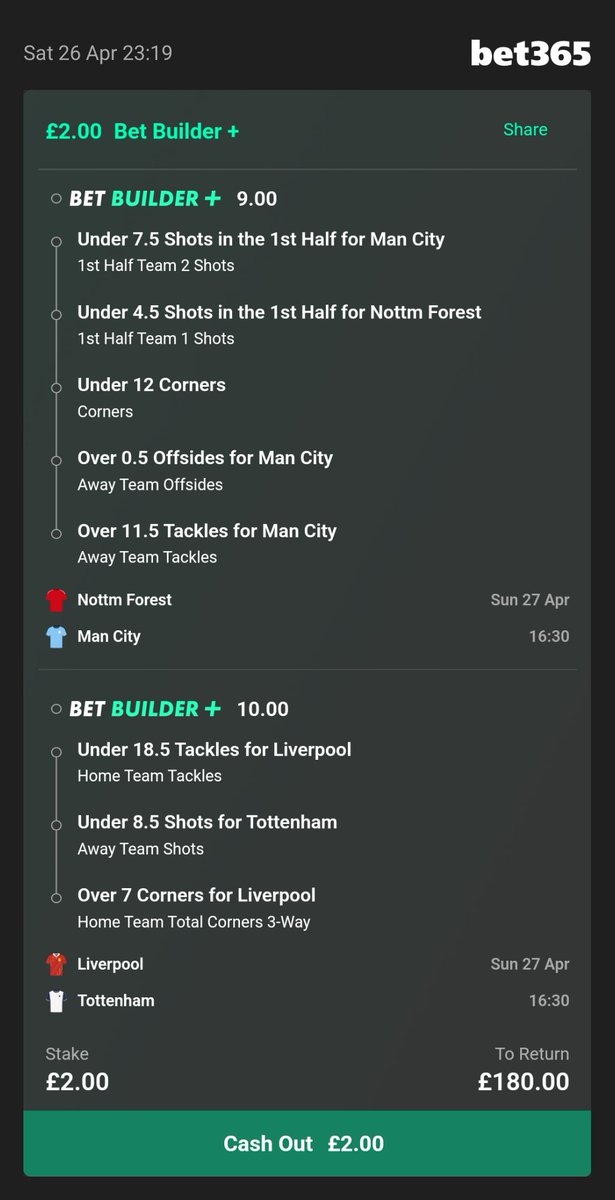 🚨90/1 Bet Builder Double🚨

Liverpool v Tottenham: 

None of these selections are unreasonable in the slightest, to be honest I must be missing something with these odds. 

Nottingham Forest v Man City: 

Man City generally have very boring first halves, the first half and